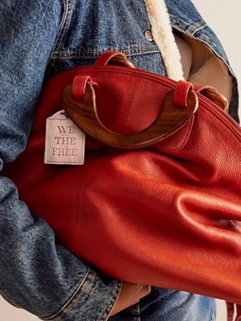 We The Free Red Leather Shoulder Bag with Wooden Handles